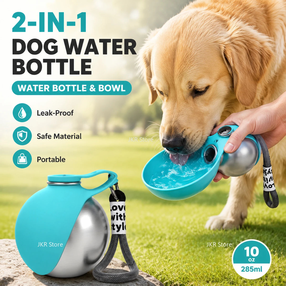 Botella de Agua Portátil 2 en 1 para Perros y Gatos — Acero Inoxidable con Bol Plegable de Silicona