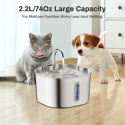 Fuente de Agua para Perros y Gatos 2,2 L — Acero Inoxidable, Ultra Silenciosa, con Filtro