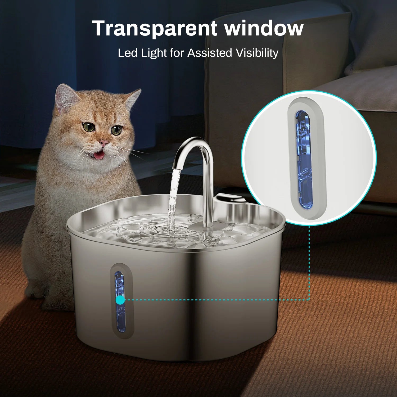 Fuente de Agua para Perros y Gatos 2,2 L — Acero Inoxidable, Ultra Silenciosa, con Filtro