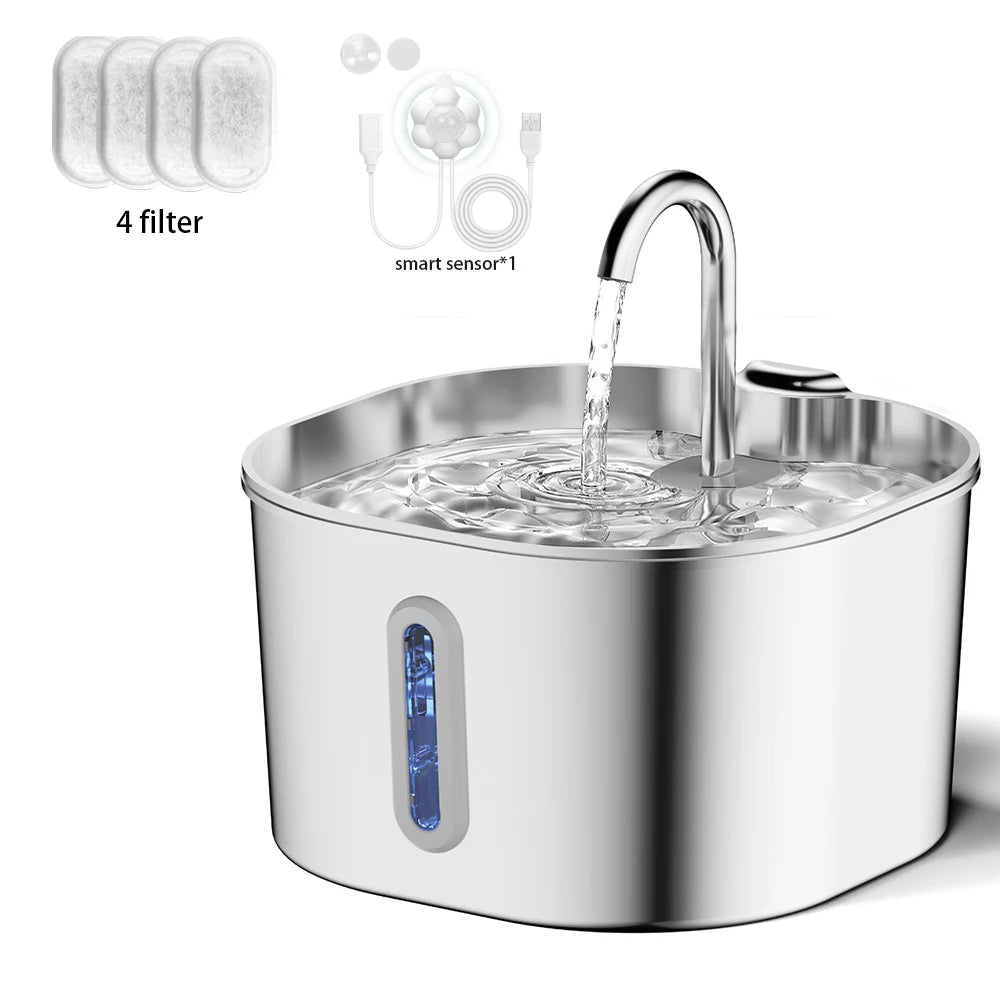 Fuente de Agua para Perros y Gatos 2,2 L — Acero Inoxidable, Ultra Silenciosa, con Filtro