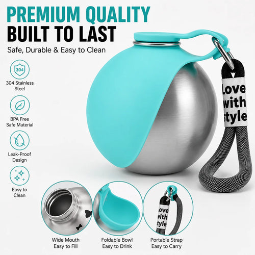 Botella de Agua Portátil 2 en 1 para Perros y Gatos — Acero Inoxidable con Bol Plegable de Silicona
