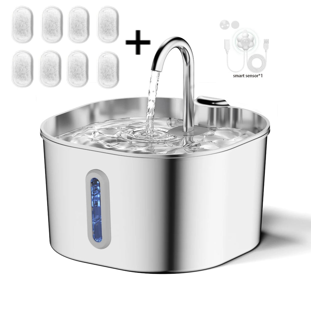 Fuente de Agua para Perros y Gatos 2,2 L — Acero Inoxidable, Ultra Silenciosa, con Filtro