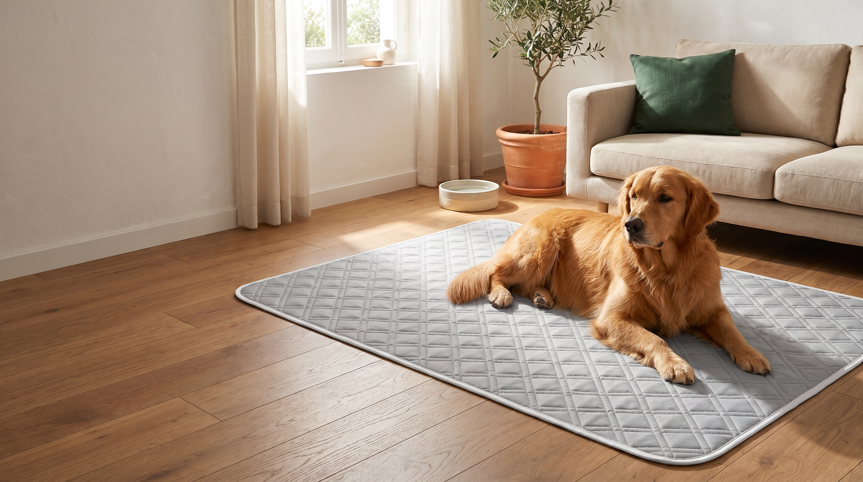 Golden retriever en un extremo de la colchoneta refrescante Zarpa extragrande, salón luminoso